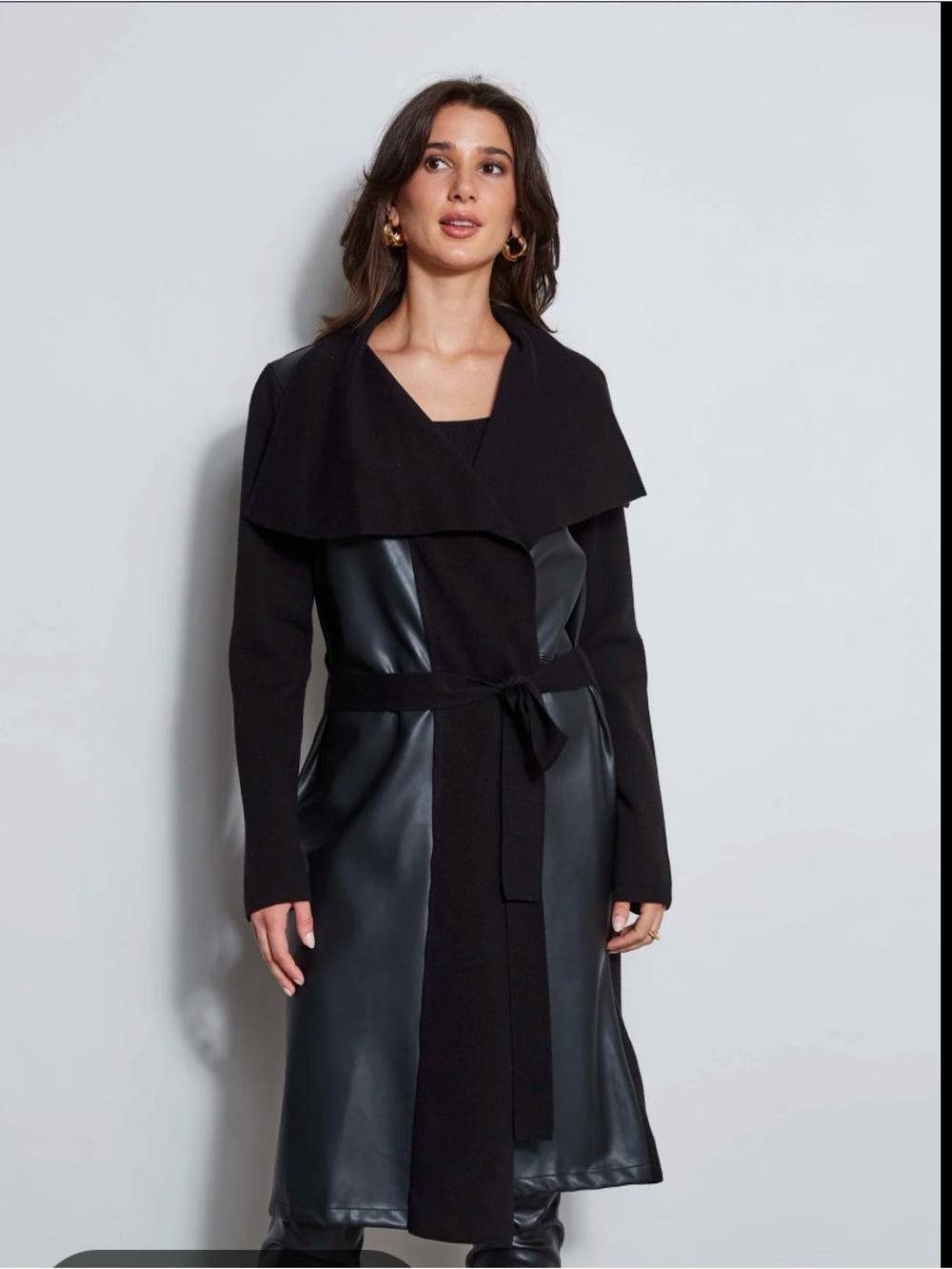 Tahari Black Vegan Leather Long Sweater/ Coat with Tie Belt